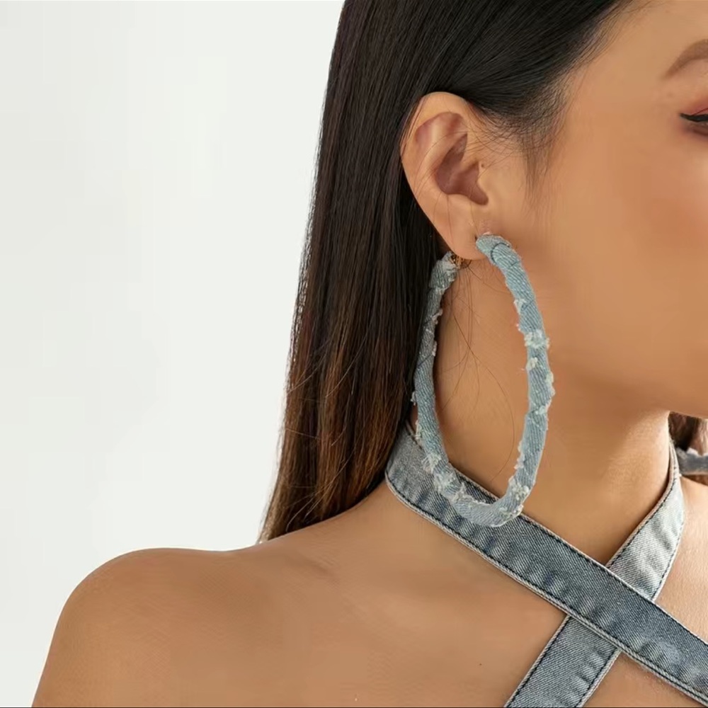 Retro Denim Big Circle Hoop Earrings Stylish Statement Exaggerated Round Earring
